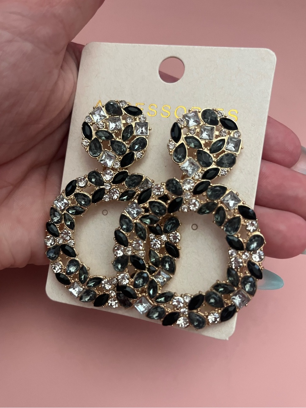 Dark Green & Crystal Rhinestone Statement Drop Earrings
